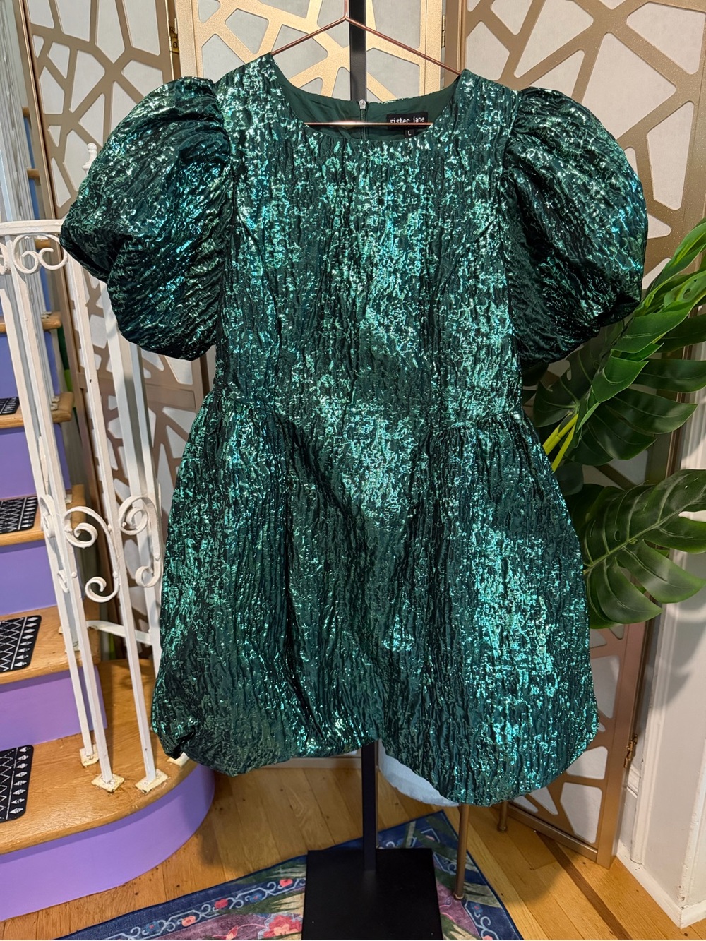 Sister Jane Emerald Metallic Jacquard Puff Sleeve Mini Dress Size Large NWT